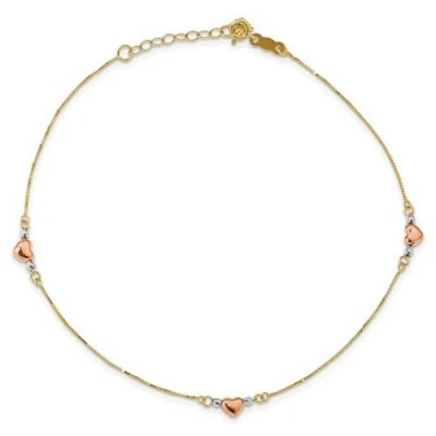 *NUEVO* Tobillera 14k Tricolor Oro Hinchado Corazón 9 pulgadas más 1 pulgada Foto 1 de 4