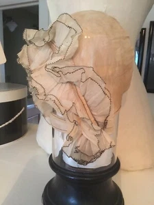 RARE 1920’s Infant Baby Bonnet Sheer Ruffles Rosettes Scallop Taupe/Nat AS IS - Picture 1 of 16