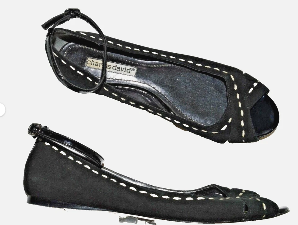 ZAPATOS PLANOS CHARLES DAVID 6 M GAMUZA NEGRA PEEP TOE CORREA AL TOBILLO COMODIDAD PARA CAMINAR Foto 1 de 4