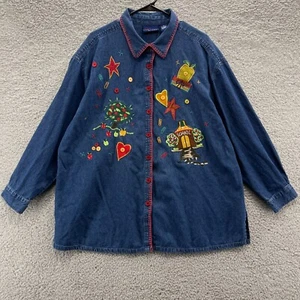 CST Blues Denim Long Sleeve Button Up Down Shirt Women 2X Embroidered School - Picture 1 of 8