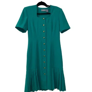 Liz Claiborne Dress Vintage 70s Drop Waist Green Square Neck Pleat Hem Size 8 - Picture 1 of 10