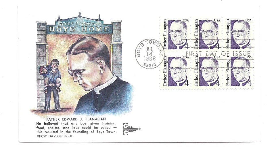 2171 4c Father Flanagan, GillCraft, block of 6, FDC - Image 1 of 1
