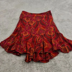 VTG Liz Claiborne Assymterical Ruffle Hem Skirt Womens 8P Red Pink Paisley Fairy - Picture 1 of 13