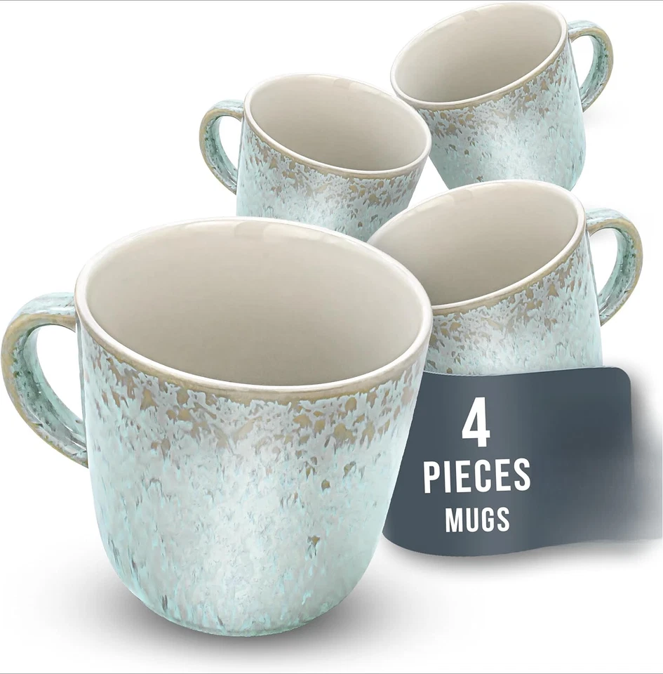 Juego de 4 tazas de café de gres, elegante juego de tazas de café, beige-azul, 14,5 oz Foto 1 de 4