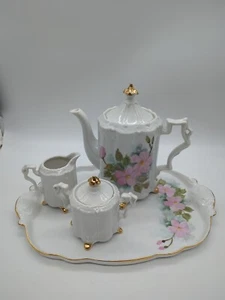 Vintage Hand Painted Signed Pink Rose Tea Set, Tea Pot , Cream & Sugar And Tray - Picture 1 of 14
