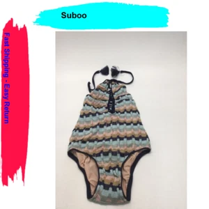 SUBOO Denim Metallic Zig Zag Knit Plunge Lace Front One Piece Swimsuit, Back - Picture 1 of 2