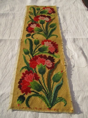 Bande tapisserie brodée main laine et soie ancienne (XIXe) 60 cm x 19 cm - Photo 1/4