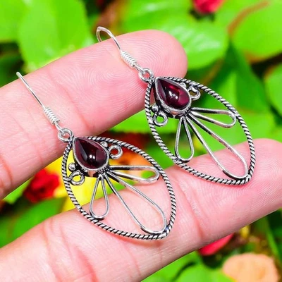 Hessonite Garnet Gemstone 925 Sterling Silver Gift Jewelry Earring 2.01" L211 - Image 1 of 4