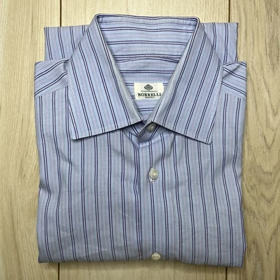 Camisa de vestir Luigi Borrelli Napoli a rayas 100 % algodón bolsillo para hombre 15/38 azul Foto 1 de 4