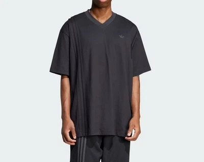 adidas Front 3 Stripe Oversized V-Neck T-Shirt Trefoil Black Men's Size L JD2301 - Image 1 of 4