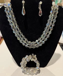 Vintage AB Kristall Glas Perlen 3-Strang Halskette Clip-On Ohrringe Manschette Armband Set - Bild 1 von 7