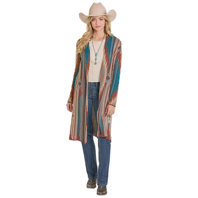 Rock & Roll Ladies Teal Blue Aztec Knit Duster BW95T07789 - Image 1 of 2