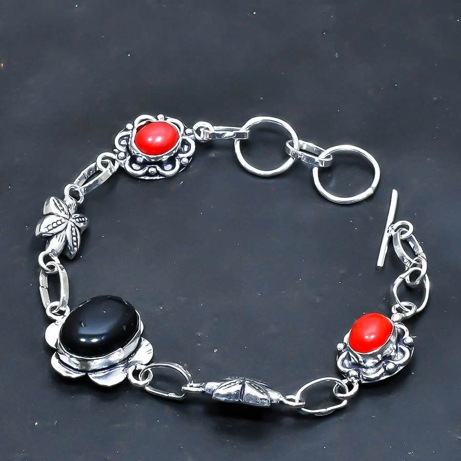 Pulsera Joyería Hecha a Mano Piedra Solar Púrpura, Coral Rojo 7-8" Foto 1 de 1