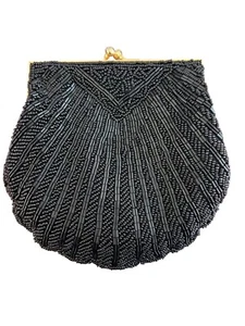 Vintage Carla Marchi Black Beaded Clutch Purse Gold Tone Kiss Lock Scallop Edge - Picture 1 of 6