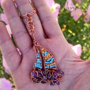 Amethyst Crystals Sailboat Keychain (Keyring) Pure Copper Wire Wrapped Jewelry - Picture 1 of 5