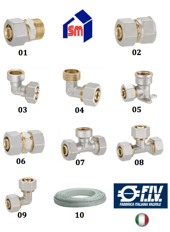 F.I.V. SRL O N.T.M SPA RACCORDO IN OTTONE X TUBO MULTISTRATO A STRINGERE D. 20 NTM o FIV ITA Gomito Te