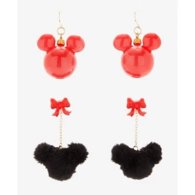 Disney Christmas Earrings Set Mickey Mouse Holiday Red Bow Fuzzy Dangle - Image 1 of 2