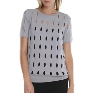 TIBI NEW YORK GRAY MERINO WOOL KNIT SWEATER SHORT SLEEVE LASER CUT OUT HOLE S - Imagen 1 de 11