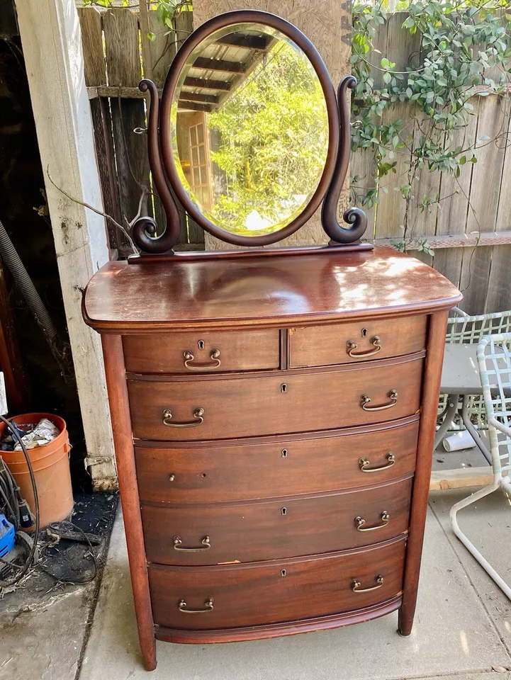 Antique Mahogany High Boy Dresser Chest with Adjustable Mirror - Image 1 of 4
