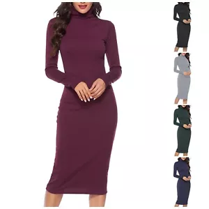 Women's Bodycon Midi Dress Knit Turtleneck Ribbed Long Sleeve Slim Fit Sweater - Picture 1 of 36