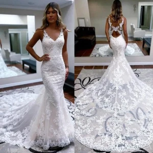 Sexy Mermaid Wedding Dresses V-Neck Backless Lace Applique Bridal Gowns Train - Picture 1 of 9