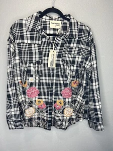 NWT! Savanna Jane Long Sleeve Black Plaid Embroidered Fringe Detail Blouse Top S - Picture 1 of 8