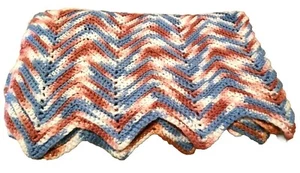 Crocheted Afghan Handmade Throw Blanket Zig Zag Chevron Vintage Retro 49" x 38" - Picture 1 of 7