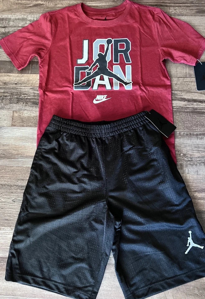 Nike Jordan Boys YLG Burgundy/Black/White/Gray Basketball Shorts Set Large