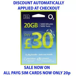 PAYG O2 DUŻY PAKIET £30 SIM 20GB DANE TERAZ TYLKO 20p (AUTO ZASTOSOWANO ZNIŻKĘ) - Zdjęcie 1 z 1
