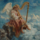 Obraz na płótnie, anioł siedzi na chmurze z harfą w niebie