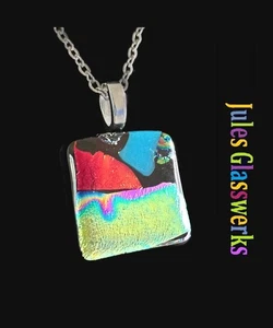 Hand Crafted Dichroic Fused Glass Pendant Necklace W/ Chain #1427 - Picture 1 of 4