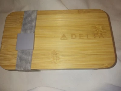 Delta  Airlines (2) Layered Bamboo Lid  Bento Box With Utensils - Image 1 of 4