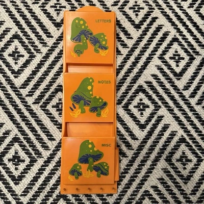 MCM 3 Tier Plastic VTG Wall Caddy Letter Mail Key Holder Orange Groovy Mushrooms - Image 1 of 4