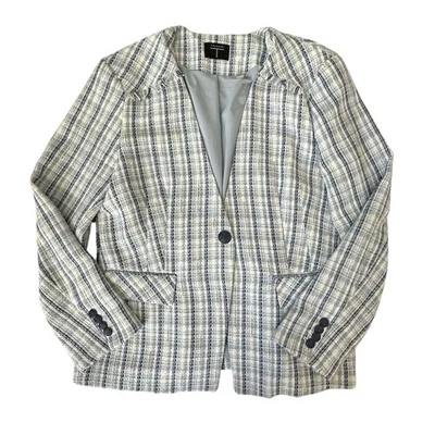Chaqueta Blazer Tahari Tweed a Cuadros Para Mujer Talla 16 Flecos Blanco Azul Foto 1 de 4