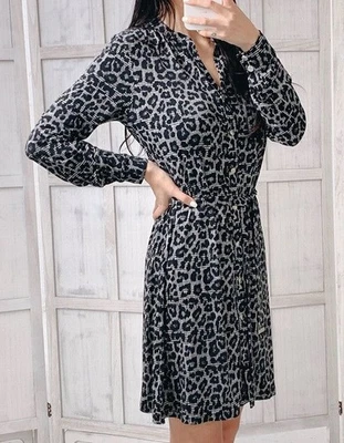 Nuevo con etiquetas Vestido Camisa Michael Kors Leopardo Pata de Gallo Negro A Cuadros a Presión Cinturón Talla S Foto 1 de 4
