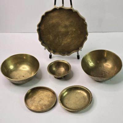 Lot Of 6 Vintage Chinese Brass Engraved Bowls/Dishes Dragons Mountains/Flowers  - Image 1 of 4