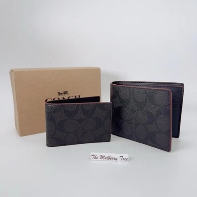 Coach 25519 Men’s 3-In-1 Card Wallet In Signature Canvas Black Oxblood Gift Box - Image 1 of 4