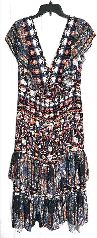 Vestido midi floral paisley feminino L em camadas babado festival casa de campo boêmio retrô - Imagem 1 de 4