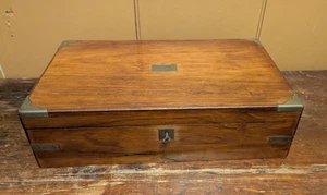 Antique Victorian Wood & Brass Campaign Document Box or Lap Desk W/ KEY! - Picture 1 of 19