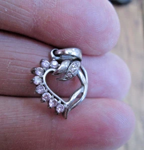 Ciondolo cuore aperto strass rosa argento sterling 925 vintage gioiello vortice - Foto 1 di 7