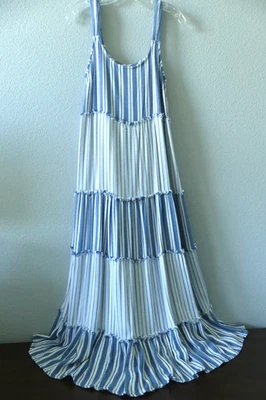 Boho New Directions Medium Blue White Striped Tiered Maxi Dress Coastal Summer - Image 1 of 4
