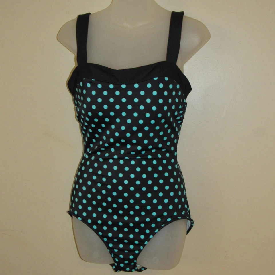 Traje de baño retro de una pieza a lunares acuáticos negros INC International Concepts talla 10 Foto 1 de 3