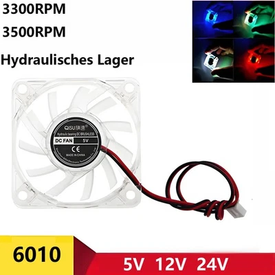 6010 Kühlventilator Mini Transparent Ventilator mit LED Licht Blau DC 5V 12V 24V - Bild 1 von 4
