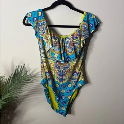 Trina Turk Women's Corsica Off the Shoulder One Piece Swim Suit Size 8 Multi - Image 1 of 4