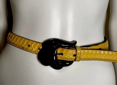VTG 80s Yellow Genuine Snakeskin Belt Pewter Buckle Womens Sz M Leather Chic - Image 1 of 4