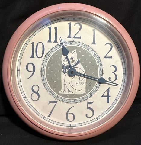 Vintage Dusty Rose Mauve Pink Kitty Cat with Bow Clock, Made in USA, Cottagecore Cover