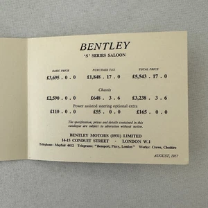 1957 Bentley Car Price List Card Brochure UK Market - Picture 1 of 4
