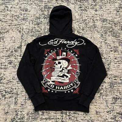 De colección Ed Hardy Christian Audigier Sudadera con Capucha Cremallera Para Hombre Pequeña Calavera Dados Dinero Y2K Foto 1 de 4