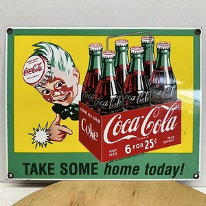 Coca-Cola Sprite Green Boy Take Some Home Today Soda Pop Gas Oil Porcelain Sign - Picture 1 of 3