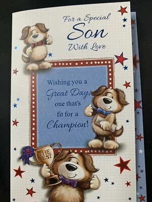 Tarjeta de cumpleaños hijo, lindo diseño de perro, verso, 7" x 5" Foto 1 de 4